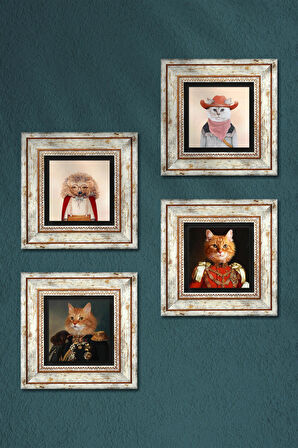 Patili Ekselanslar, Kirpi, Kedi Taş Duvar Tablosu Çerçeveli Duvar Dekoru 4 Parça Tablo Seti Wall Art