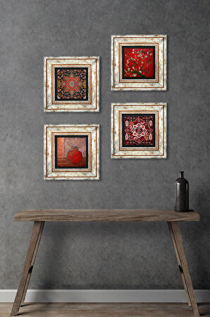 Nar, Desen, Badem Ağacı Taş Duvar Tablosu Çerçeveli Duvar Dekoru 4 Parça Tablo Seti Wall Art