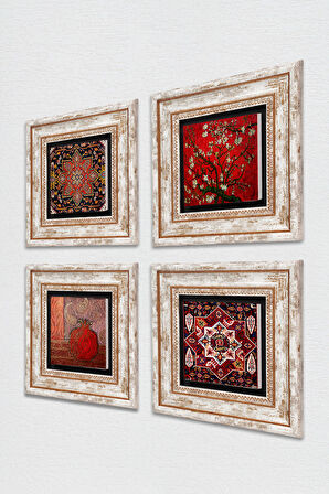 Nar, Desen, Badem Ağacı Taş Duvar Tablosu Çerçeveli Duvar Dekoru 4 Parça Tablo Seti Wall Art