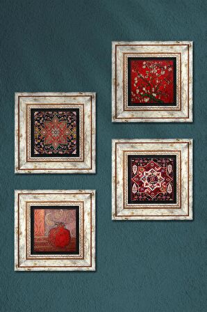 Nar, Desen, Badem Ağacı Taş Duvar Tablosu Çerçeveli Duvar Dekoru 4 Parça Tablo Seti Wall Art