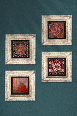 Nar, Desen Taş Duvar Tablosu Çerçeveli Duvar Dekoru 4 Parça Tablo Seti Wall Art