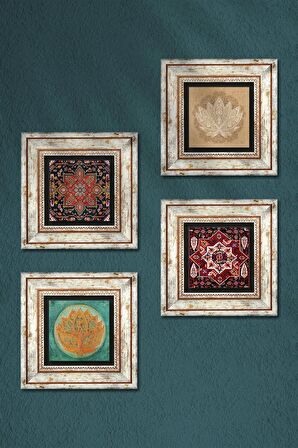 Lotus Çiçeği, Desen Taş Duvar Tablosu Çerçeveli Duvar Dekoru 4 Parça Tablo Seti Wall Art
