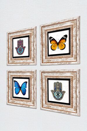 Kelebek, Fatma Ana Eli (Hamsa) Taş Duvar Tablosu Çerçeveli Duvar Dekoru 4 Parça Tablo Seti Wall Art