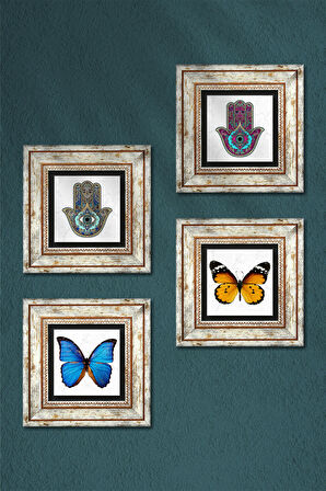 Kelebek, Fatma Ana Eli (Hamsa) Taş Duvar Tablosu Çerçeveli Duvar Dekoru 4 Parça Tablo Seti Wall Art