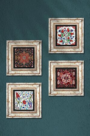Lale, Desen Taş Duvar Tablosu Çerçeveli Duvar Dekoru 4 Parça Tablo Seti Wall Art