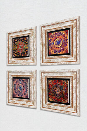 Desen, Mandala Taş Duvar Tablosu Çerçeveli Duvar Dekoru 4 Parça Tablo Seti Wall Art