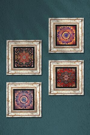 Desen, Mandala Taş Duvar Tablosu Çerçeveli Duvar Dekoru 4 Parça Tablo Seti Wall Art