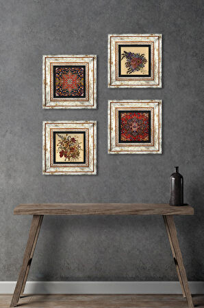 Desen, Vintage Çiçek Taş Duvar Tablosu Çerçeveli Duvar Dekoru 4 Parça Tablo Seti Wall Art