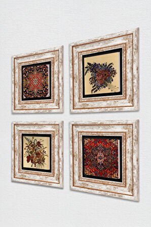 Desen, Vintage Çiçek Taş Duvar Tablosu Çerçeveli Duvar Dekoru 4 Parça Tablo Seti Wall Art