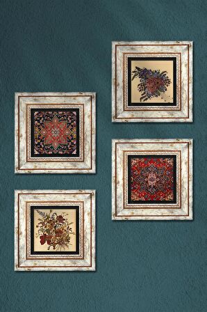 Desen, Vintage Çiçek Taş Duvar Tablosu Çerçeveli Duvar Dekoru 4 Parça Tablo Seti Wall Art
