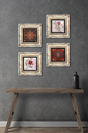 Gül Çiçek, Desen Taş Duvar Tablosu Çerçeveli Duvar Dekoru 4 Parça Tablo Seti Wall Art