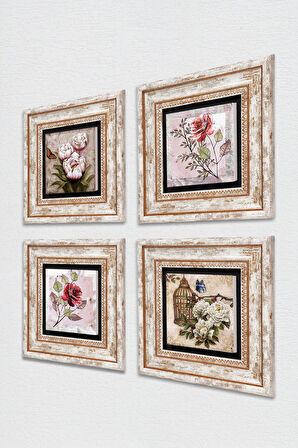 Gül, Kelebekli Çiçek Taş Duvar Tablosu Çerçeveli Duvar Dekoru 4 Parça Tablo Seti Wall Art