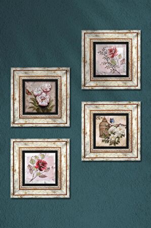 Gül, Kelebekli Çiçek Taş Duvar Tablosu Çerçeveli Duvar Dekoru 4 Parça Tablo Seti Wall Art