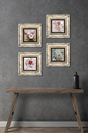 Gül, Kelebekli Çiçek Taş Duvar Tablosu Çerçeveli Duvar Dekoru 4 Parça Tablo Seti Wall Art