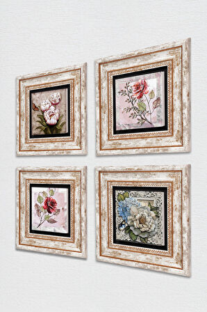 Gül, Kelebekli Çiçek Taş Duvar Tablosu Çerçeveli Duvar Dekoru 4 Parça Tablo Seti Wall Art