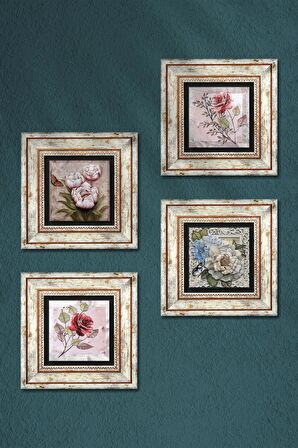 Gül, Kelebekli Çiçek Taş Duvar Tablosu Çerçeveli Duvar Dekoru 4 Parça Tablo Seti Wall Art