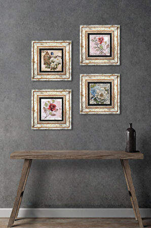 Gül, Kelebekli Çiçek Taş Duvar Tablosu Çerçeveli Duvar Dekoru 4 Parça Tablo Seti Wall Art