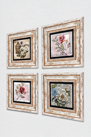 Gül, Kelebekli Çiçek Taş Duvar Tablosu Çerçeveli Duvar Dekoru 4 Parça Tablo Seti Wall Art