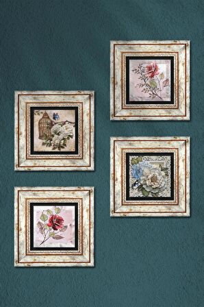 Gül, Kelebekli Çiçek Taş Duvar Tablosu Çerçeveli Duvar Dekoru 4 Parça Tablo Seti Wall Art