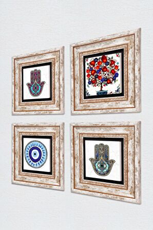 Nazar, Nar Ağacı, Fatma Ana Eli (Hamsa) Taş Duvar Tablosu Çerçeveli Duvar Dekoru 4 Parça Tablo Seti Wall Art