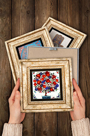 Nazar, Nar Ağacı, Fatma Ana Eli (Hamsa) Taş Duvar Tablosu Çerçeveli Duvar Dekoru 4 Parça Tablo Seti Wall Art