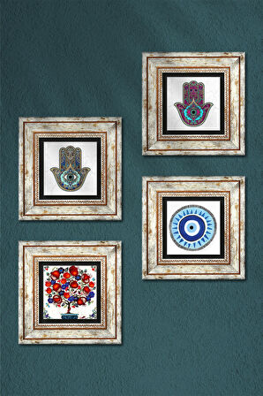 Nazar, Nar Ağacı, Fatma Ana Eli (Hamsa) Taş Duvar Tablosu Çerçeveli Duvar Dekoru 4 Parça Tablo Seti Wall Art