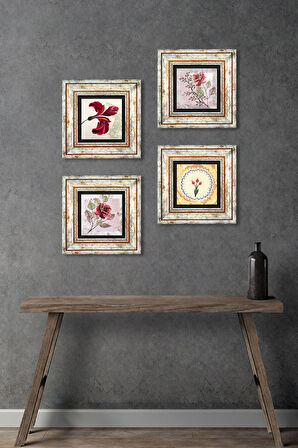 Gül Çiçek, Lale Taş Duvar Tablosu Çerçeveli Duvar Dekoru 4 Parça Tablo Seti Wall Art