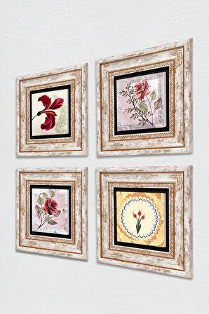 Gül Çiçek, Lale Taş Duvar Tablosu Çerçeveli Duvar Dekoru 4 Parça Tablo Seti Wall Art