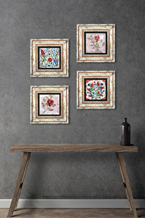 Gül Çiçek, Lale Taş Duvar Tablosu Çerçeveli Duvar Dekoru 4 Parça Tablo Seti Wall Art