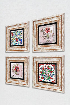 Gül Çiçek, Lale Taş Duvar Tablosu Çerçeveli Duvar Dekoru 4 Parça Tablo Seti Wall Art