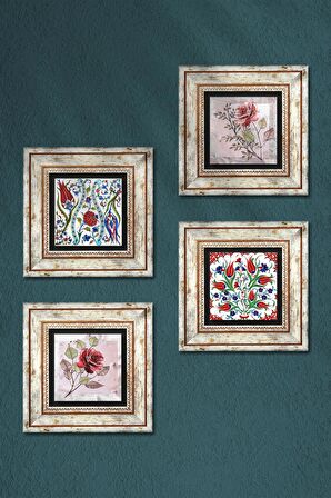 Gül Çiçek, Lale Taş Duvar Tablosu Çerçeveli Duvar Dekoru 4 Parça Tablo Seti Wall Art