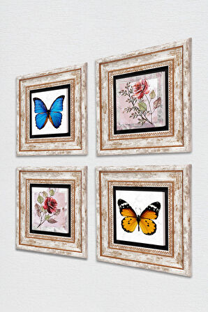Gül Çiçek, Kelebek Taş Duvar Tablosu Çerçeveli Duvar Dekoru 4 Parça Tablo Seti Wall Art