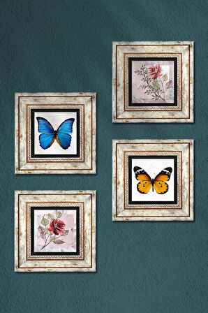 Gül Çiçek, Kelebek Taş Duvar Tablosu Çerçeveli Duvar Dekoru 4 Parça Tablo Seti Wall Art