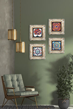 Mandala, Çini Sanatı, Nar Ağacı Taş Duvar Tablosu Çerçeveli Duvar Dekoru 4 Parça Tablo Seti Wall Art