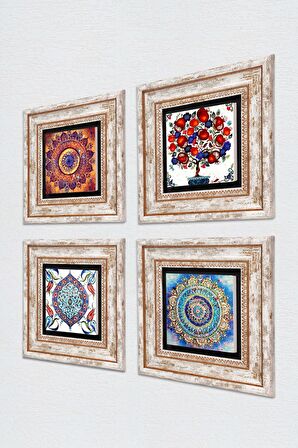 Mandala, Çini Sanatı, Nar Ağacı Taş Duvar Tablosu Çerçeveli Duvar Dekoru 4 Parça Tablo Seti Wall Art