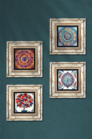 Mandala, Çini Sanatı, Nar Ağacı Taş Duvar Tablosu Çerçeveli Duvar Dekoru 4 Parça Tablo Seti Wall Art