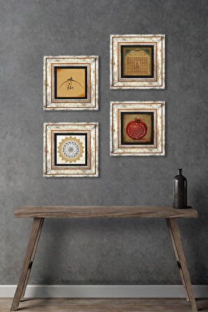 Hiç, Şems Suresi, Esma'ül Hüsna, Bereket Duası Taş Duvar Tablosu Çerçeveli Duvar Dekoru 4 Parça Tablo Seti Wall Art