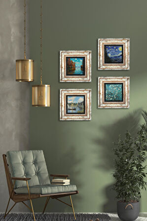 Claude Monet Sonbahar, Köprü, Van Gogh Yıldızlı Gece, Badem Ağacı Taş Duvar Tablosu Çerçeveli Duvar Dekoru 4 Parça Tablo Seti Wall Art