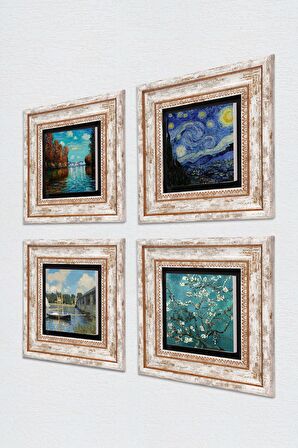 Claude Monet Sonbahar, Köprü, Van Gogh Yıldızlı Gece, Badem Ağacı Taş Duvar Tablosu Çerçeveli Duvar Dekoru 4 Parça Tablo Seti Wall Art