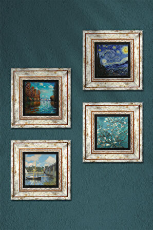 Claude Monet Sonbahar, Köprü, Van Gogh Yıldızlı Gece, Badem Ağacı Taş Duvar Tablosu Çerçeveli Duvar Dekoru 4 Parça Tablo Seti Wall Art