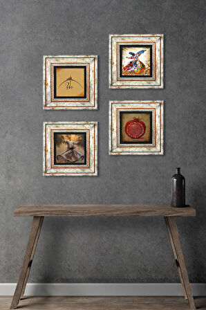 Hiç, Bereket Duası, Semazen Taş Duvar Tablosu Çerçeveli Duvar Dekoru 4 Parça Tablo Seti Wall Art