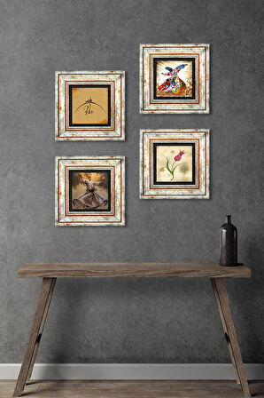 Hiç, Lale, Semazen Taş Duvar Tablosu Çerçeveli Duvar Dekoru 4 Parça Tablo Seti Wall Art