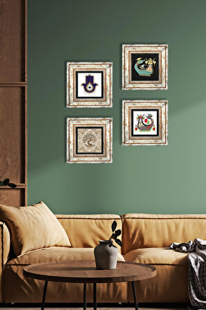 Fatma Ana Eli (Hamsa), Şahmeran, Hayat Ağacı Taş Duvar Tablosu Çerçeveli Duvar Dekoru 4 Parça Tablo Seti Wall Art