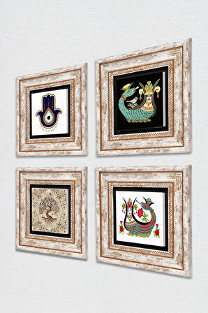 Fatma Ana Eli (Hamsa), Şahmeran, Hayat Ağacı Taş Duvar Tablosu Çerçeveli Duvar Dekoru 4 Parça Tablo Seti Wall Art