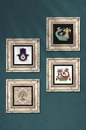 Fatma Ana Eli (Hamsa), Şahmeran, Hayat Ağacı Taş Duvar Tablosu Çerçeveli Duvar Dekoru 4 Parça Tablo Seti Wall Art