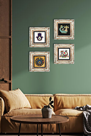 Fatma Ana Eli (Hamsa), Nazar, Şahmeran Taş Duvar Tablosu Çerçeveli Duvar Dekoru 4 Parça Tablo Seti Wall Art