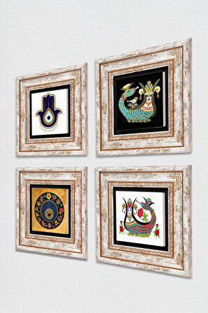 Fatma Ana Eli (Hamsa), Nazar, Şahmeran Taş Duvar Tablosu Çerçeveli Duvar Dekoru 4 Parça Tablo Seti Wall Art