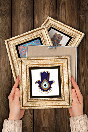 Fatma Ana Eli (Hamsa), Nazar, Şahmeran Taş Duvar Tablosu Çerçeveli Duvar Dekoru 4 Parça Tablo Seti Wall Art