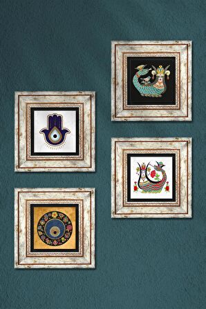 Fatma Ana Eli (Hamsa), Nazar, Şahmeran Taş Duvar Tablosu Çerçeveli Duvar Dekoru 4 Parça Tablo Seti Wall Art