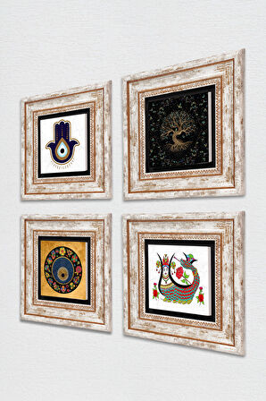 Fatma Ana Eli (Hamsa), Şahmeran, Hayat Ağacı, Nazar Taş Duvar Tablosu Çerçeveli Duvar Dekoru 4 Parça Tablo Seti Wall Art
